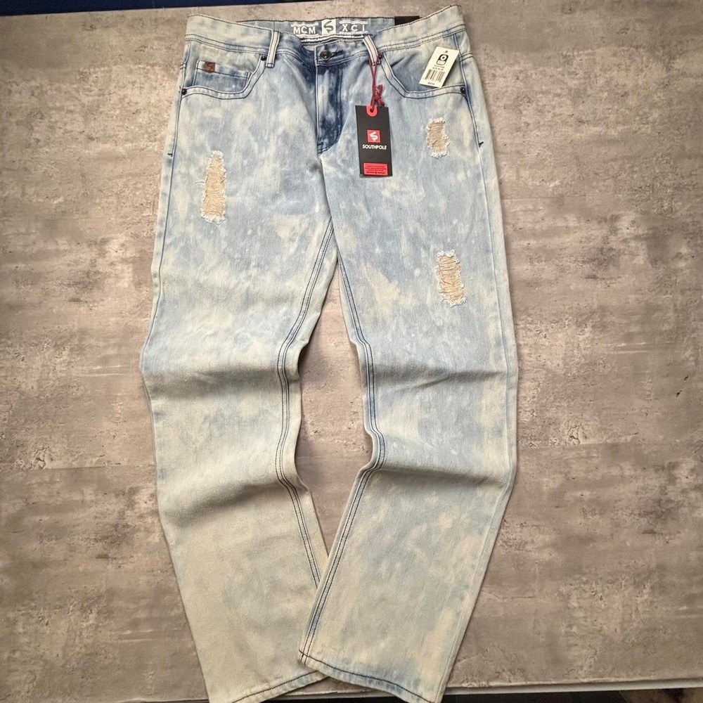 Southpole Straight Jeans Mens 36x34 Acid Blue Distressed Light Wash